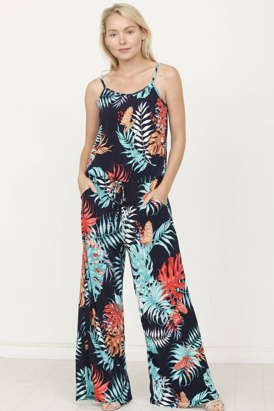 Plus Tropical Spaghetti Strap Jumpsuit