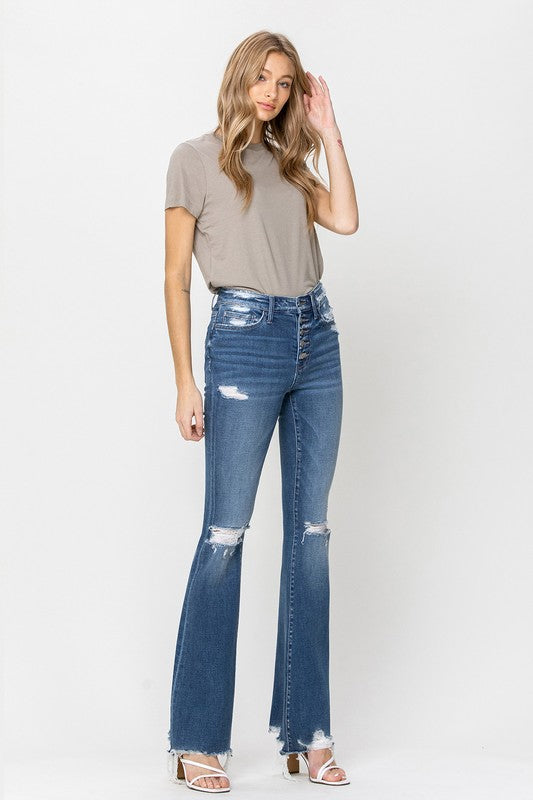 High Rise Distressed Raw hem Flare