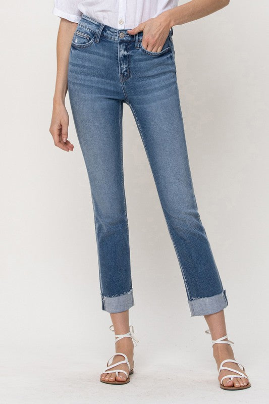 Mid-Rise Single Cuffed Crop Slim Straight Jeans