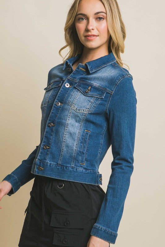 Distressed Button Up Stretchy Cotton Denim Jacket