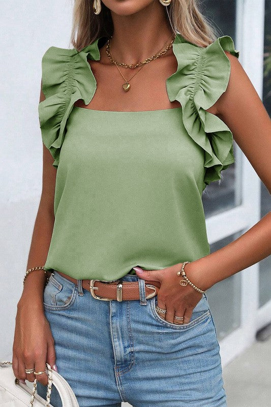 Solid Ruffle Trim Sleeveless Blouse