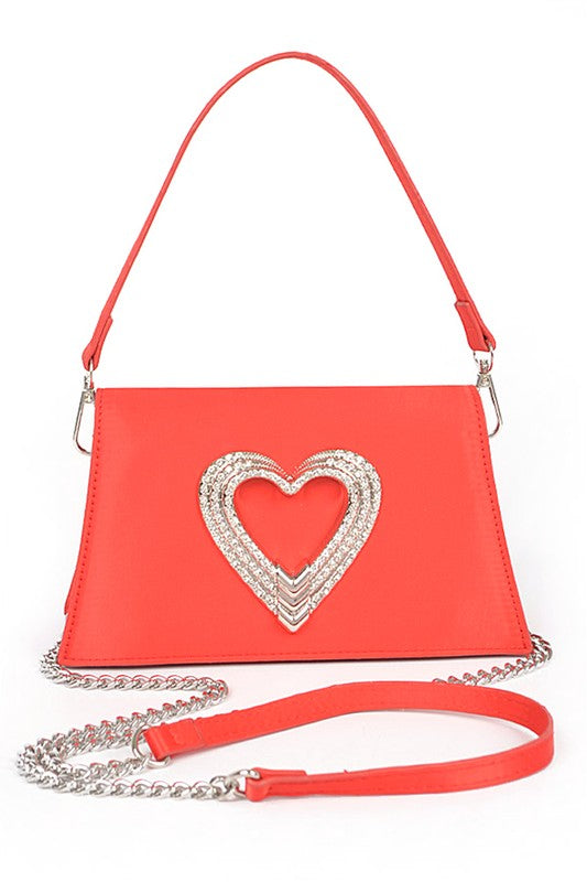 Crystal Heart Satin Top Handle Convertible Clutch