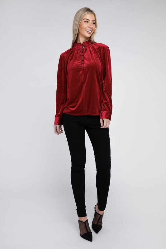 Frill Notched Neckline Velvet Blouse