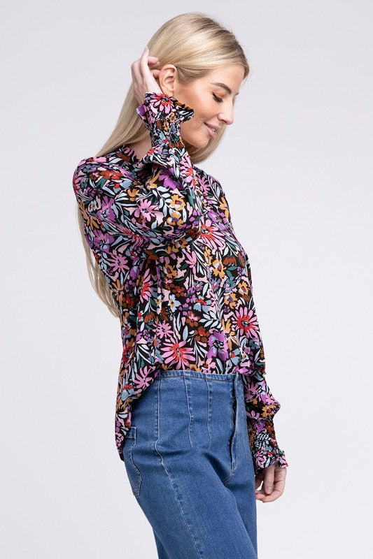 Floral Print Tie V Neck Blouse