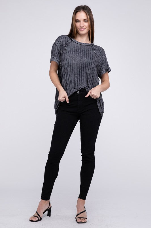 Ribbed Raglan Dolman Sleeve Boat-Neck Top