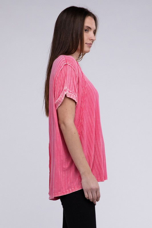 Ribbed Raglan Dolman Sleeve Boat-Neck Top