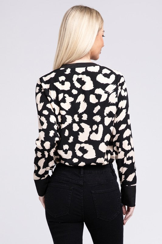 Leopard Notched Neck Blouse