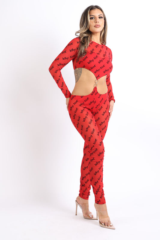 Lettering Printed Cutout Double O-Ring Mesh Sexy Jumpsuit