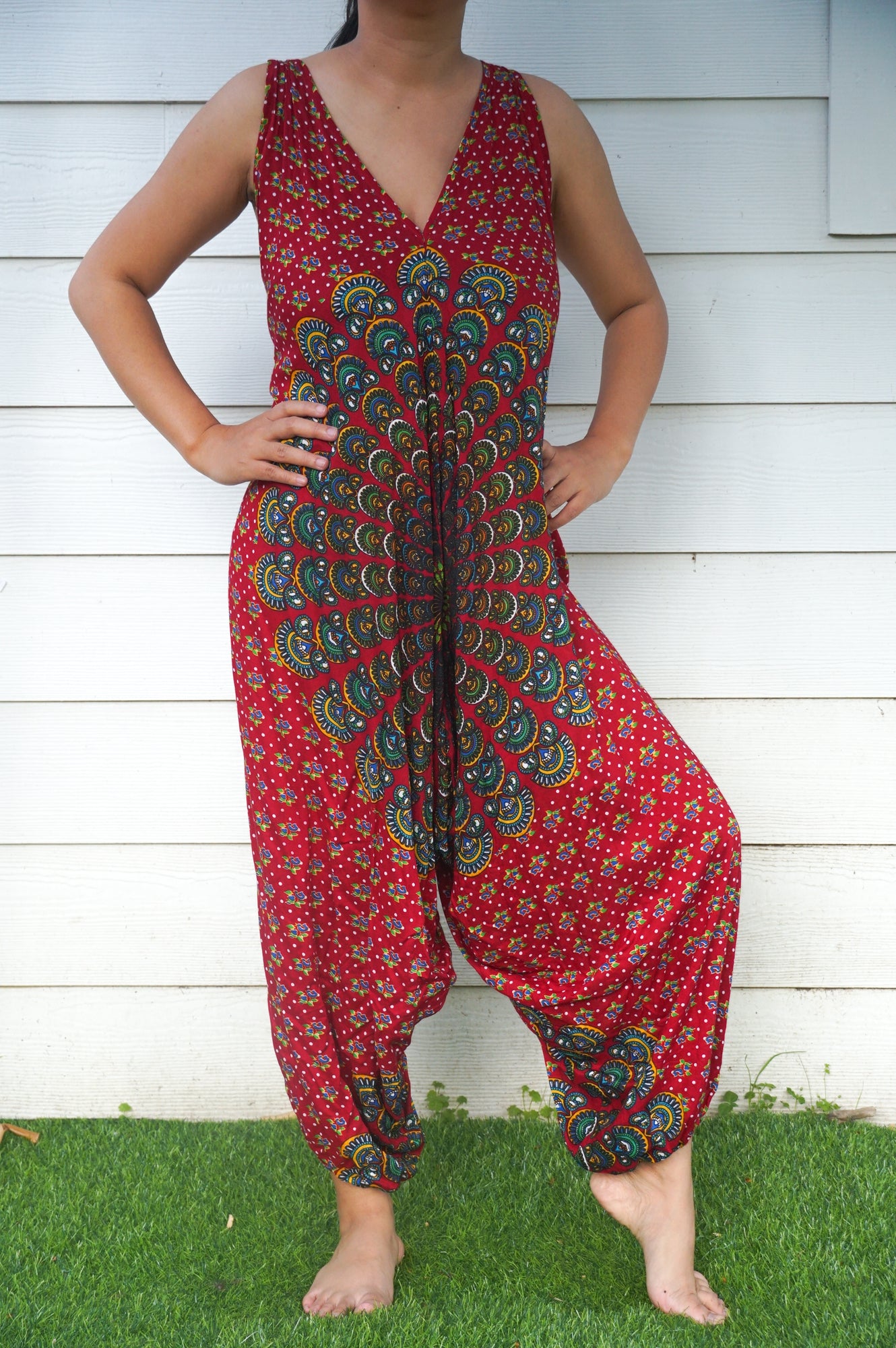 Red Chakra Hippie Jumpsuits, Boho Rompers, Festival Clothing