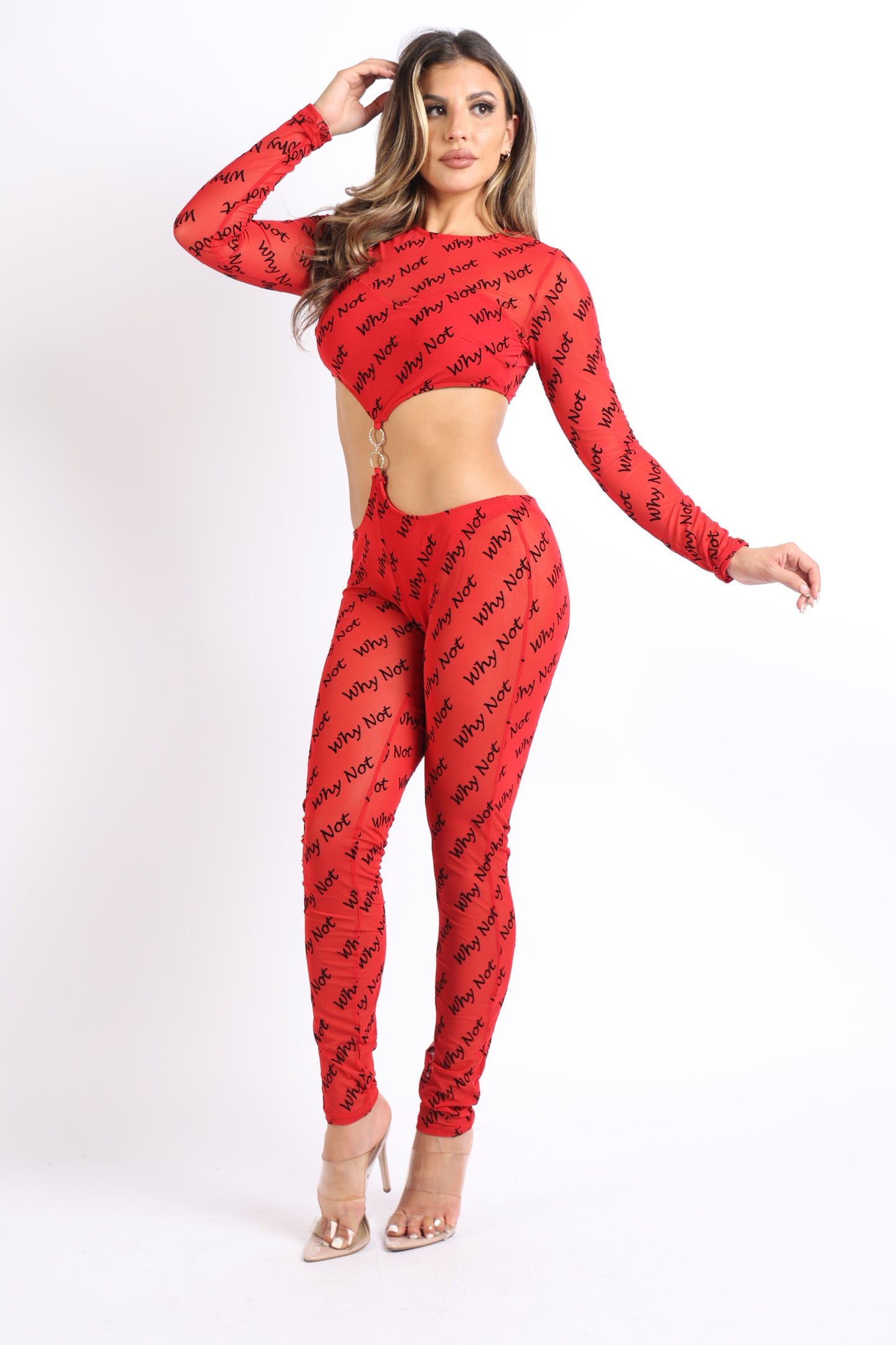 Lettering Printed Cutout Double O-Ring Mesh Sexy Jumpsuit