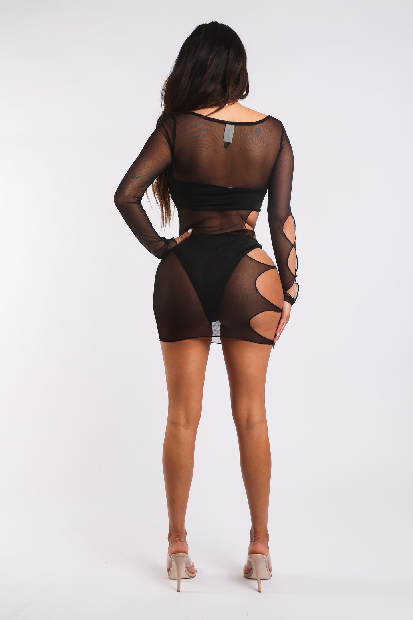 Sexy Cut Out Detailed Long Sleeve Mesh Dress