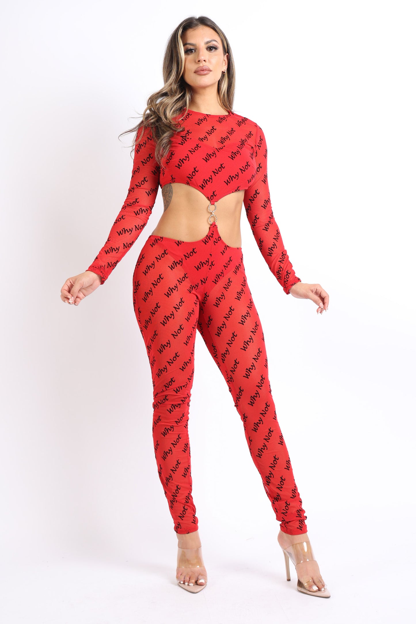 Lettering Printed Cutout Double O-Ring Mesh Sexy Jumpsuit