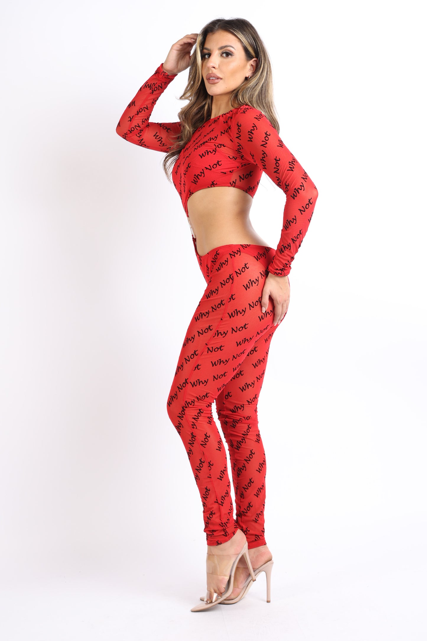 Lettering Printed Cutout Double O-Ring Mesh Sexy Jumpsuit