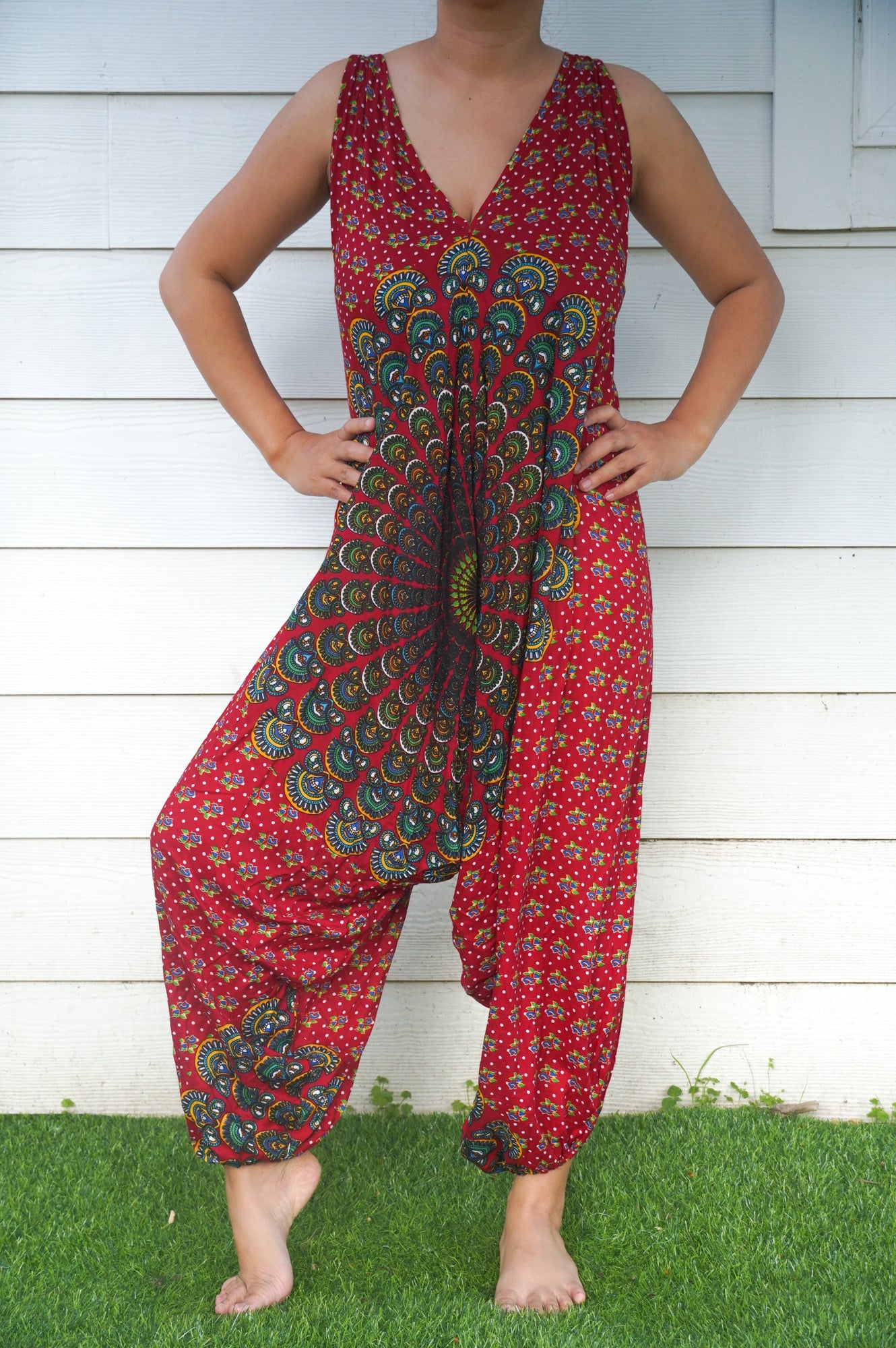 Red Chakra Hippie Jumpsuits, Boho Rompers, Festival Clothing