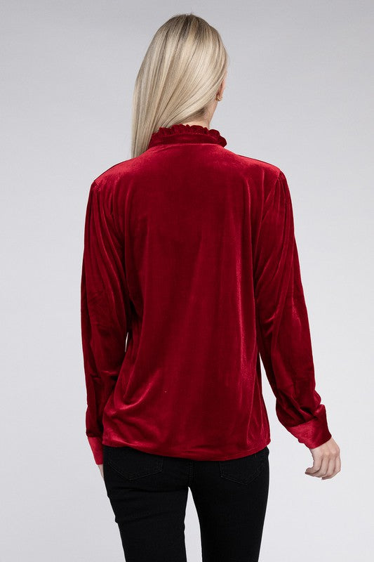 Frill Notched Neckline Velvet Blouse