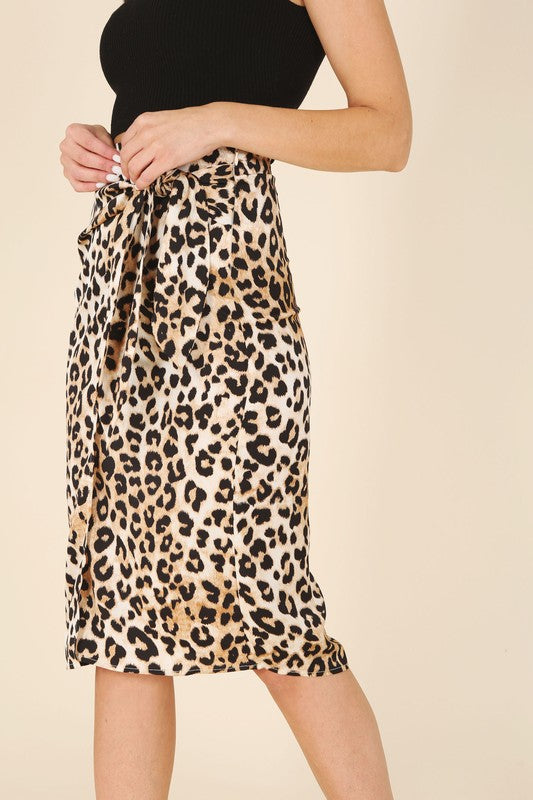 Satin leopard tie skirt